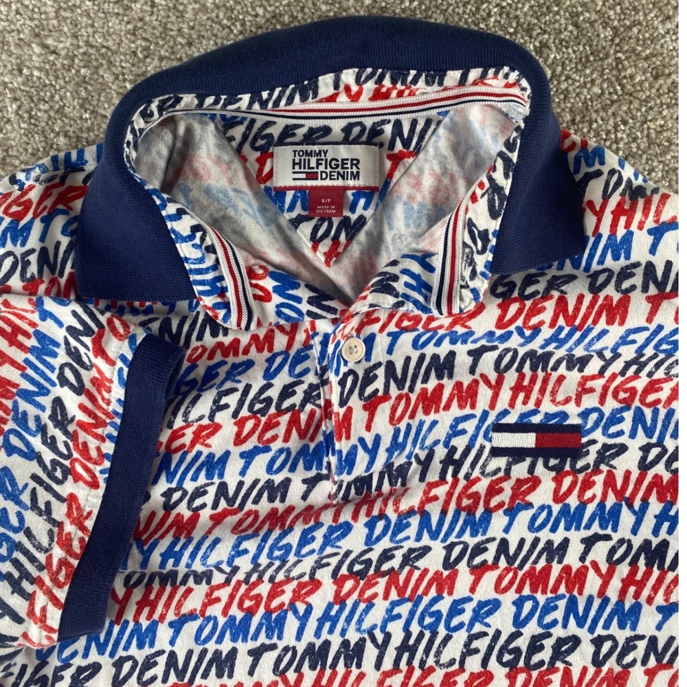 Tommy Hilfiger Denim Mens Small Script Logo All Over Print Polo Shirt Red Blue